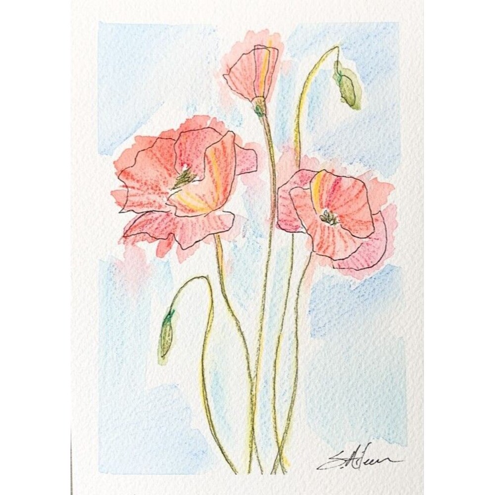 Watercolor Painting Expressive Floral Poppies Blue Sky Impressionist Signed 5x7